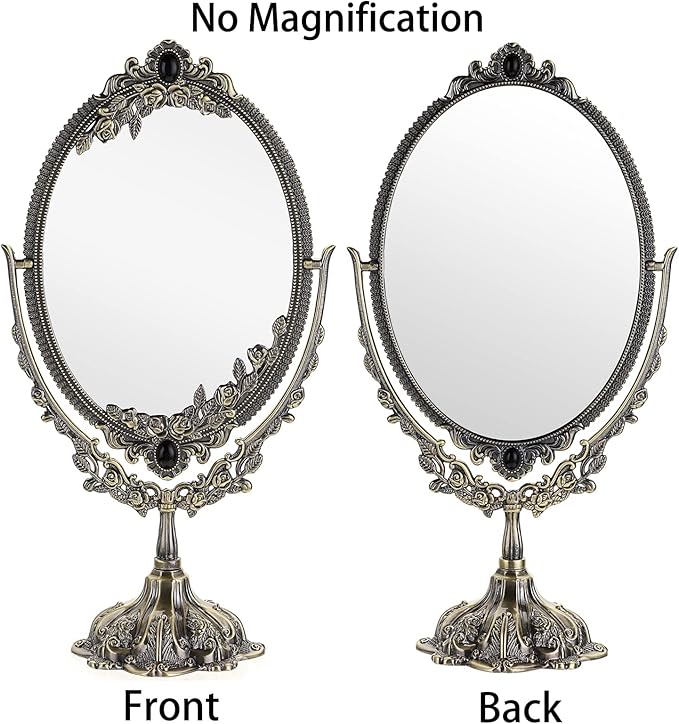 JUXYES Metal Tabletop Antique Decorative Makeup Mirror with Stand, Vintage Swivel Double Sided Cosmetic Mirror with Frame, Retro Desktop Oval Dressing Mirror for Bathroom Bedroom
