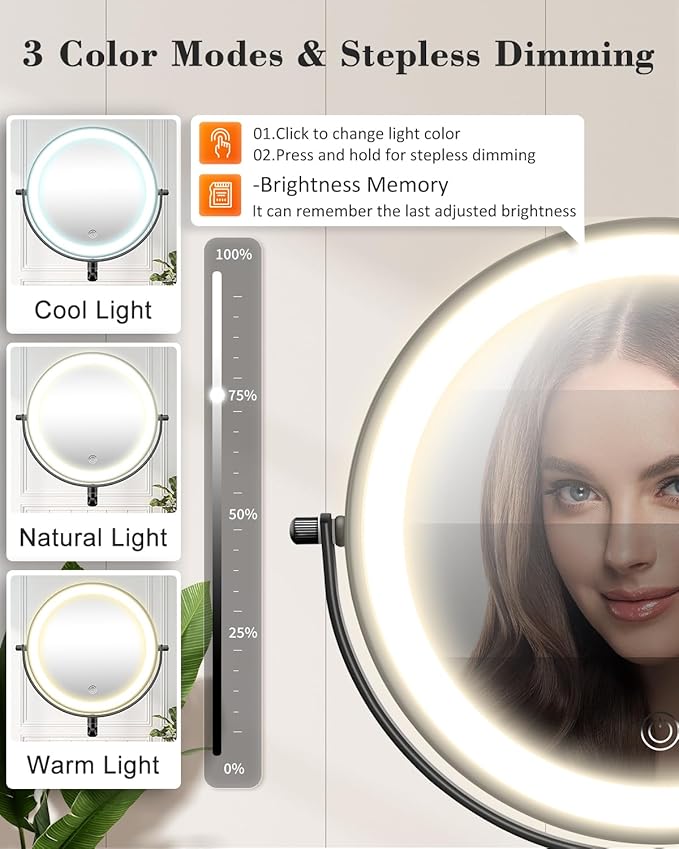 vpu 9" Wall Mounted Makeup Mirror with Light, 20X/1X Height Adjustable Double Sided Magnifying Bathroom Lighted Mirror, 3 Color Touch Dimmable Extended Arm 360 Rotation Light up Magnification Mirrors