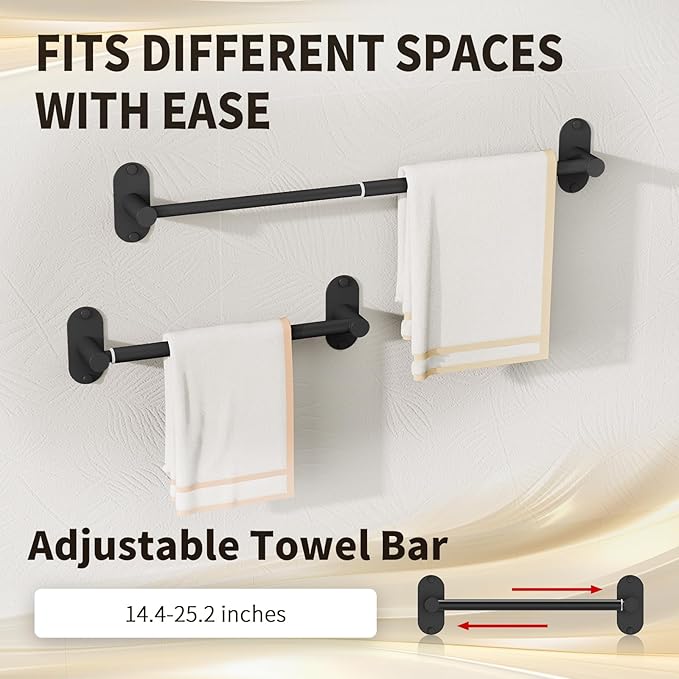 5-Piece Bathroom Hardware Accessories Set, Self-Adhesive & Wall Mounted SUS304 Stainless Steel Towel Bar Set, Adjustable Towel Bar, Towel Ring, Toilet Paper Holder & 2 Hooks(Matte Black)