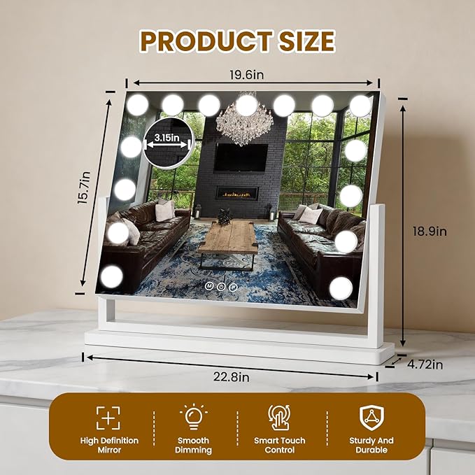 Vanity Mirror with Lights, 23"×17" Hollywood Makeup Mirror with 15 Dimmable Bulbs, 3-Color Lighting, Dimmable, 360° Rotation, 10x Magnification, Desk Mirror, Bedroom (White)