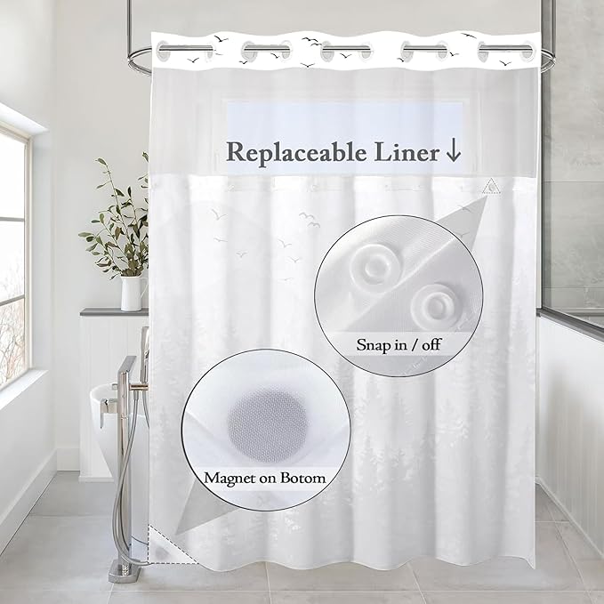 Accnicc No Hook Shower Curtain with Snap in Liner Black Gray Misty Forest Hookless Shower Curtains for Bathroom Foggy Nature Pine Tree Mountain Woodland Waterproof Fabric Bath Curtain Decor 71×74In