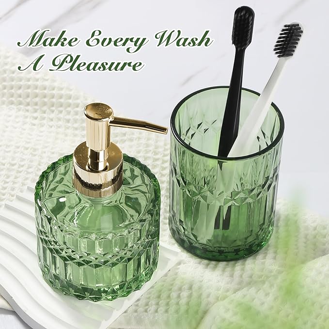 Green Bathroom Accessories Set, 4Pcs Green Bathroom Decor Accessory Sets Complete, Glass Soap Dispenser and Toothbrush Holder Set for Vintage Bathroom Countertop