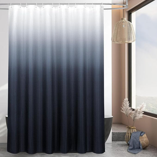 MitoVilla Navy Blue Ombre Waffle Fabric Shower Curtain, Modern Waffle Weave Textured Shower Curtains for Luxury Rustic Bathroom Decor, Vintage Weighted Bathroom Shower Curtain, 72 x 72