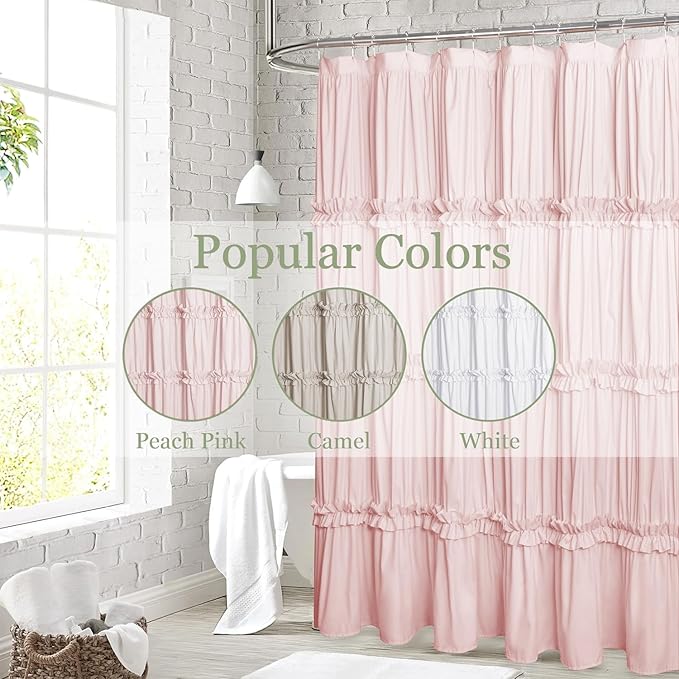 Farmhouse Ruffle Shower Curtain with Handmade Ruched, Vintage Ruffled Fabric Bathroom Curtains, Decorative Elegant Bathroom Curtain with 12 Holes, Peach Pink, 72" W x 72" H(N60049)