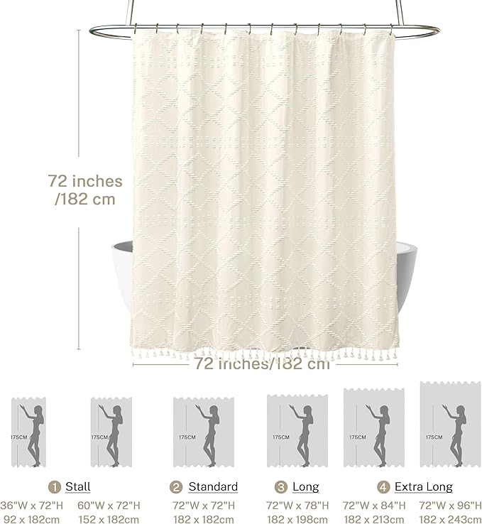Cream Boho Woven Fabric Shower Curtain, 72 x 72 Tufted Chevron Textured Striped Modern Farmhouse Minimalist Cloth Curtain for Bathroom