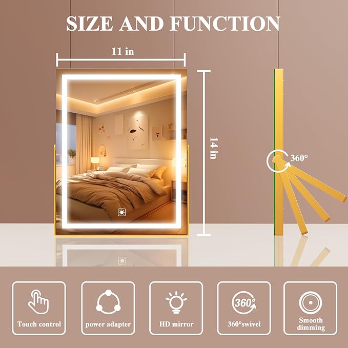 Gvnkvn Vanity Mirror with Lights, 11"× 14" LED Makeup Mirror, Lighted Makeup Mirror with Lights, Smart Touch Control Dimmable 3 Modes Light 360°Rotation Gold