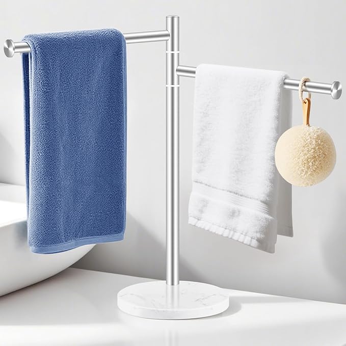 Hand Towel Holder for Bathroom, Stainless Steel Double Hand Towel Holder Stand with Marble Base for Kitchen Countertop, Freestanding Brushed Nickel 360?? Swivel 2 Arms Towel Bar Drying Rack, YOFOVI