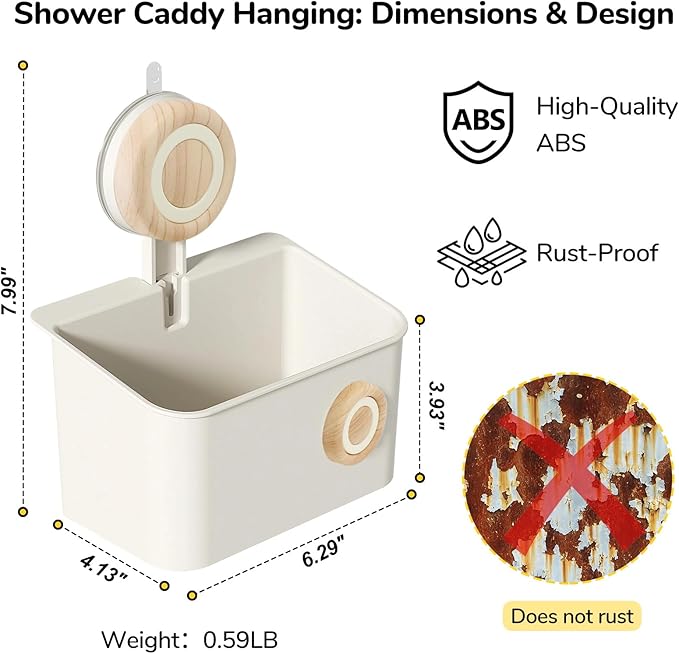 Suction Cup Shower Caddy, Plastic Shower Shelf with Drainage Bin, Vacuum-Lock Shower Organizer for Bathroom, Kitchen, RV, Hotel Storage (Original wood color-S)