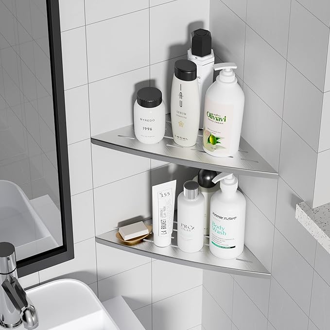 Qeke Corner Shower Shelf Brushed Nickel, 304 Stainless Steel 11.5” Recessed Corner Shelf Bathroom for Tiled Wall, Floating Shower Shelves Shampoo Holder, No Drilling, 2 Pack