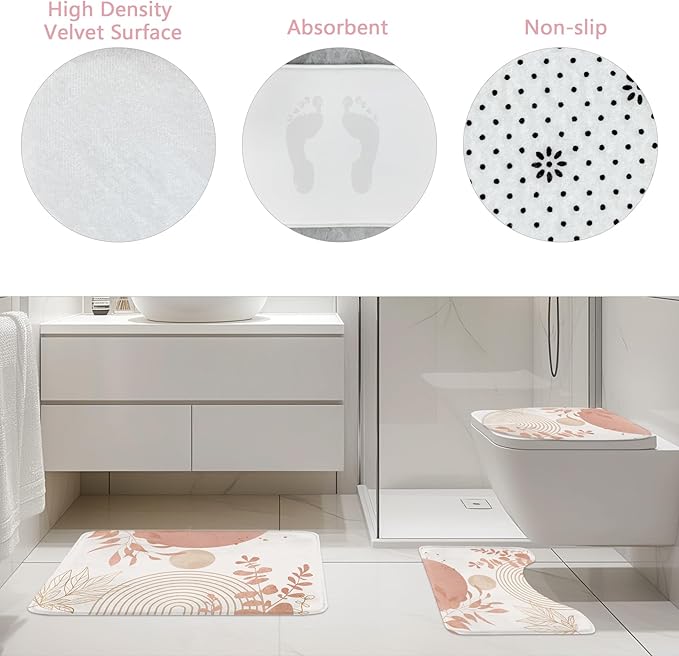 Riyidecor Boho Pink Gold 4Pcs Bathroom Shower Curtain Sets Mid Century Modern Minimalist Leaves Bathroom Decor Set with Rugs and Accessories Abstract Toilet Lid Rug, Contour and Bath Mat with 12 Hooks