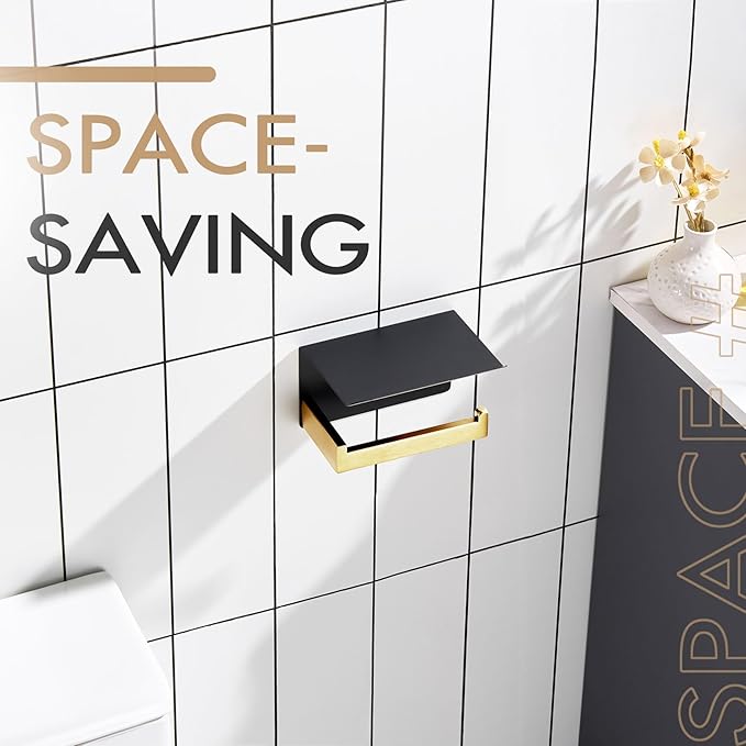 KOKOSIRI Toilet Paper Holders with Shelf Bathroom Toilet Paper Roll Holder Wall Mounted T-304 Stainless Steel, Matte Black and Gold B2010GDK
