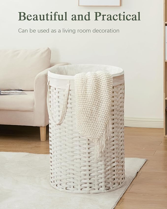 SETVSON 34.3 Gal (130 L) Large Laundry Hamper Laundry Basket Round Handwoven Wicker Laundry Baskets Rattan Laundry Basket with Removable Bag Handles 2 Mesh Bags for Living Room Bedroom White (No Lid)