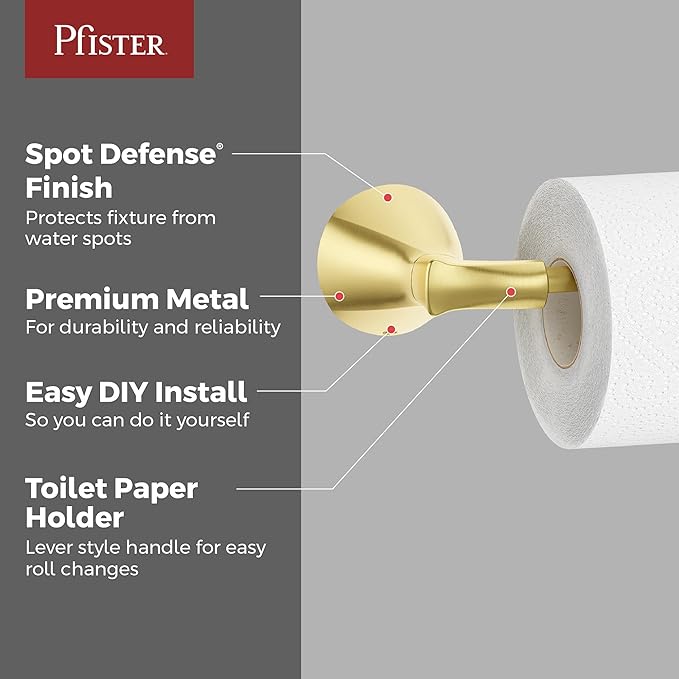Pfister Willa Toilet Paper Holder, Bathroom Tissue Roll Holder, Wall-Mounted, Screw-in, Brushed Gold Finish, BPHWLL0BG