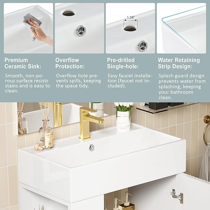 Virubi 21.6 in Small Bathroom Vanity with Sink,Doors and Storage Shelves,Wood Modern Single Fluted Bathroom Sink Cabinet Freestanding (White,Left Shelf)