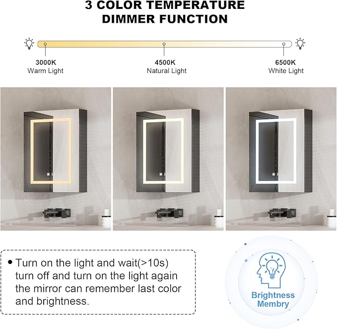 Led Medicine Cabinet with Lights, Lighted Black Mirror Cabinet with Mirror,Defogging, Mirror Cabinet Wall Mounted for Bathroom Black,Brightness Adjustable,24x30 Inch