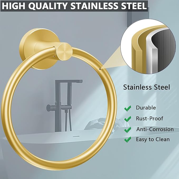 WOOPHEN Hand Towel Ring, Thicken Stainless Steel Bath Towel Holder Modern Round Towel Hanger Wall Mounted for Bathroom, Kitchen (Gold)