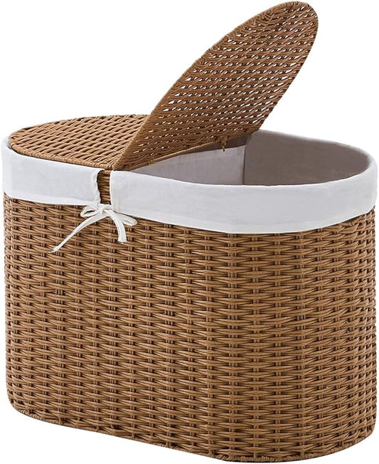 Laundry Hamper with Lid, 70L Handwoven Rattan Clothes Hamper with Removable Liner Bags, 2 Section Wicker Laundry Basket for Bedroom, Laundry Room and Bathroom(Rattan, 70L)
