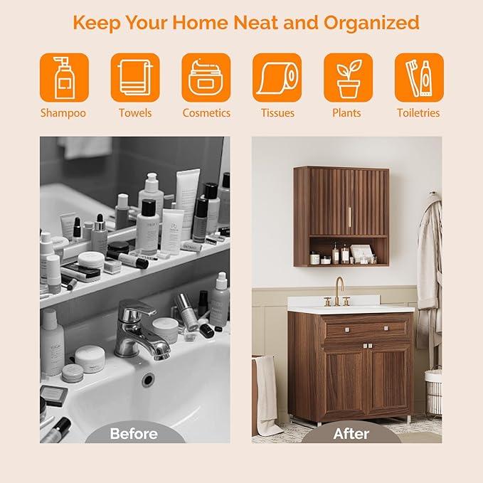 VINGLI Bathroom Wall Cabinet, Walnut Fluted Medicine Cabinet with Doors, Wall Mounted Storage Cabinet Over Toilet with Adjustable Shelf, Mid-Century Hanging Organizer for Kitchen, Laundry