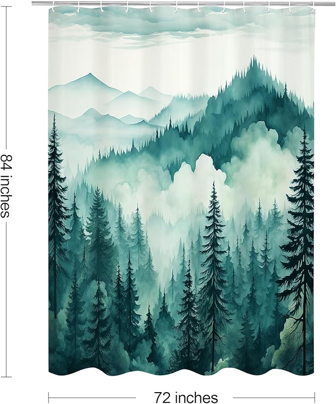 Teal Blue Extra Long Misty Pine Forest Shower Curtain 72 x 84, XL Mountain Foggy Woodland Scenery Tree Shower Curtains for Bathroom, Turquoise Abstract Waterproof Nature-Themed Decor