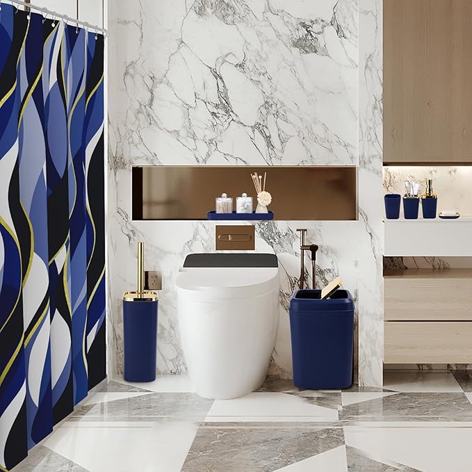 XLHOMO Blue Bathroom Set, Bathroom Sets with Stripe Shower Curtain, Navy Blue and Gold Bathroom Accessories with Trash Can, Soap Dispenser, Soap Dish, Toilet Brush Holder, Qtip Holders for Bathroom