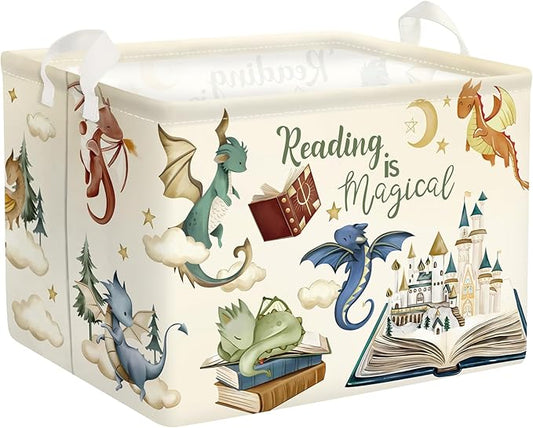 Dinosaur Laundry Hamper Large Storage Basket Cartoon Dino Collapsible Parents Organizer Kids Toy Clothes Bins for Bedroom, Bathroom, Magic Books, 36L