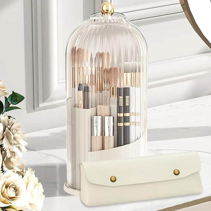 Qivine Makeup Brush Holder with Lid, 360° Rotating Brush Holder with Lid for Countertop, Cosmetics Makeup Brush Organizer with Lid for Bedroom, Dustproof Makeup Brush Holder for Vanity (White)