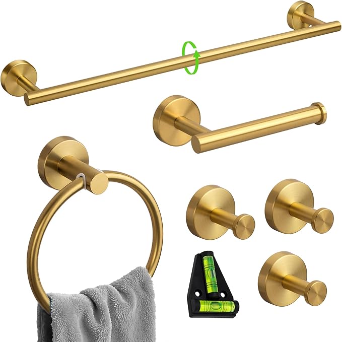 Gold Bathroom Accessories, 24” Towel Bar, Towel Ring Holder, Toilet Paper Holder and 3 Towel Hooks, Bathroom Hardware Set Wall Mounted