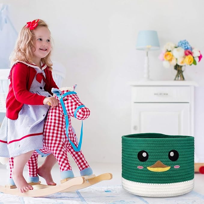 AceOrbit Mallard Ducks Rope Baby Laundry Basket for Boys & Girls, Woodland Nursery Decor, Nursery Storage Basket for Baby Shower Gifts for Essentials Like Diapers Wipes Towels, Machine Wash