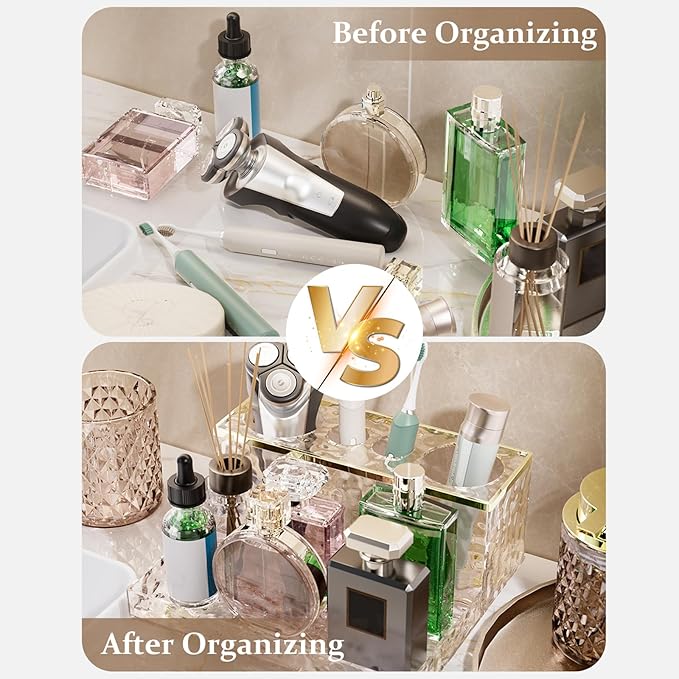 Glass Bathroom Accessories Set 5Pcs Crystal - Brown Foaming Soap Dispenser, Soap Dish, Cup, Acrylic Toothbrush Holder with Tray Organizer, Cotton Swab Jar, Bathroom Counter Set Sink Decor