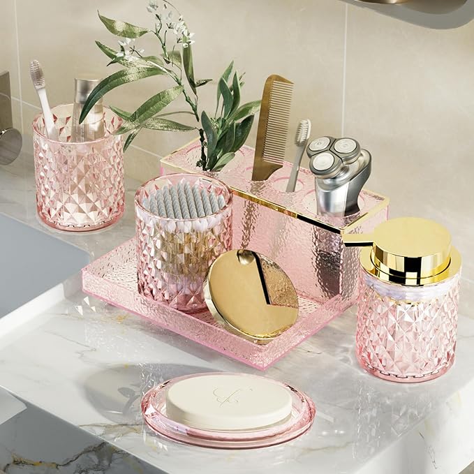 Glass Bathroom Accessories Set 5Pcs Crystal - Foaming Soap Dispenser, Soap Dish, Cup, Acrylic Toothbrush Holder with Tray Organizer, Qtip Jar, Bathroom Counter Set Sink Decor (Pink)