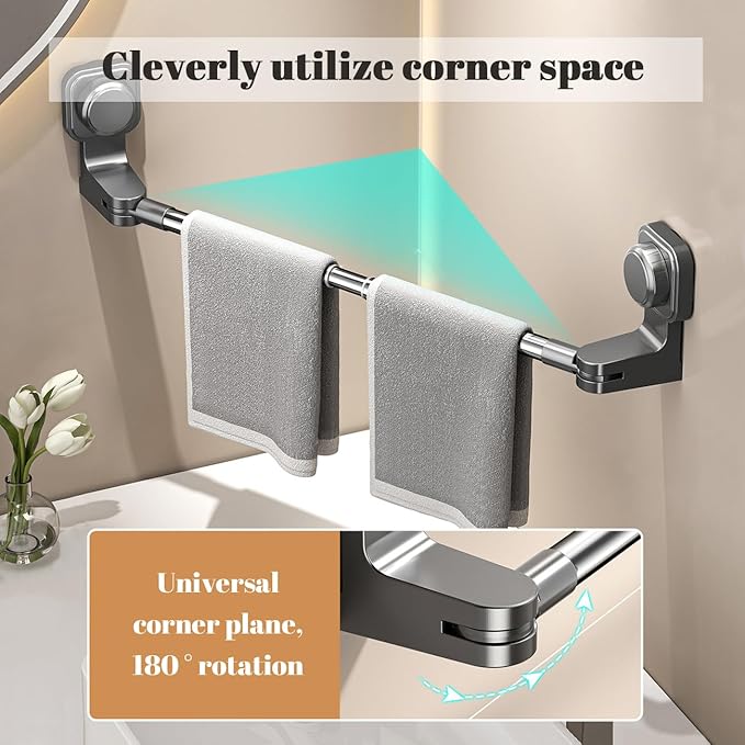 Extendable Suction Cup Towel Bar 12-24inch Removable Towels Holder for Shower Stainless Steel Single Rack No Drill Wall Mounted Clothes Hanger Rod for Bathroom Kitchen Gray