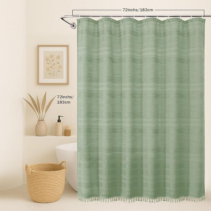 OVZME Light Green Shower Curtain for Bathroom, Boho Linen Textured Shower Curtain with Tassel, Rustic Striped Heavy Duty Vintage Country Bathroom Curtain, 72Wx72L Inches