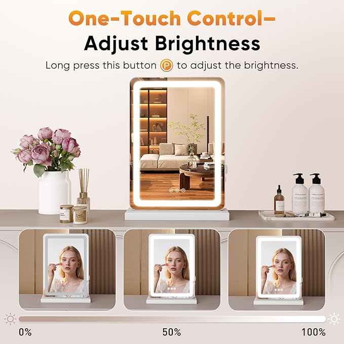 NEWBULIG 18"x13" LED Vanity Mirror with Lights, Lighted Smart Tabletop Makeup Mirrors for Desk, Touch Control Dimmable Brightness, 3 Color Lighting Modes