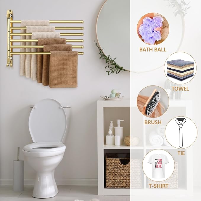 Teenyyou 16.5 Inches Swivel Towel Rack 304 Stainless Steel 6 Arms Bathroom Towel Rack Hanger Pool Holder Wall Mounted Swivel Bar Space Saving with Hook(Gold)