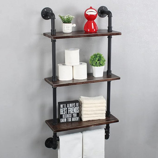 Industrial Pipe Shelf Bathroom Shelves Wall Mounted,19.6in Rustic Wood Shelf with Towel Bar,3 Tier Farmhouse Towel Rack Over Toilet,Pipe Shelving Floating Shelves Towel Holder,Retro Black