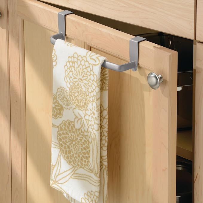 mDesign Steel Metal Wire Over Cabinet Towel Rack Storage Organizer - Hang on Cabinet or Door - Towel Bar Holder for Kitchen - Holds Hand Towels, Washcloths - Spira Collection, 2 Pack, Silver