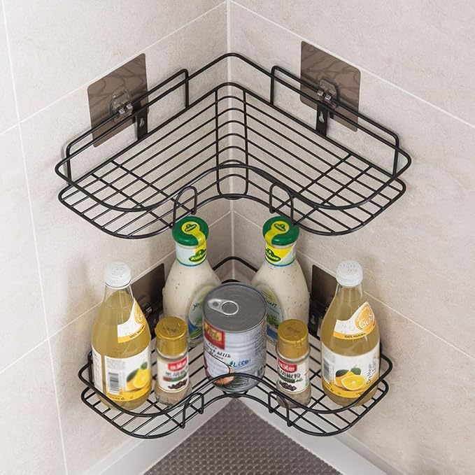 AGYH Bathroom Shelf Free Punch Corner Bathroom Wall Hanging Wrought Iron Triangle Kitchen Storage Rack (Color : Black)