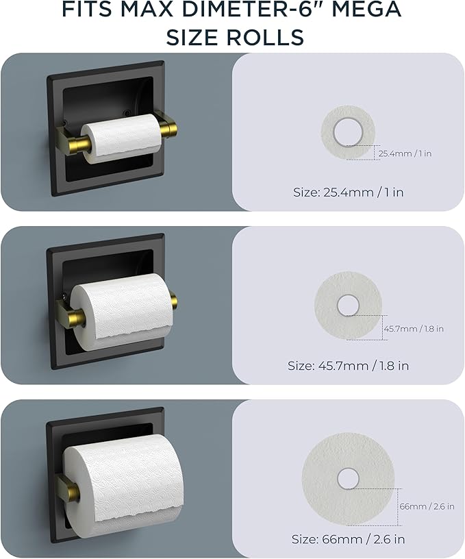 FORIOUS Recessed Toilet Paper Holder, Stainless Steel Durable Tissue Roll Holder Wall Mount for Bathroom Space Saving Design with Mounting Bracket, Wall Square Toilet Paper Dispenser, Black&Gold