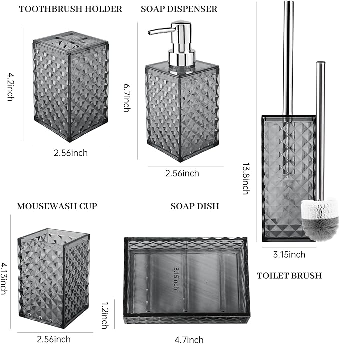 Bathroom Accessory Set, Grid Pattern 5 Pcs Plastic Bathroom Set Include Toilet Bursh, Soap Dispenser, Soap Dish, Toothbrush Holder, Mousewash Cup, Modern Bahtroom Décor Set(Dark Grey)