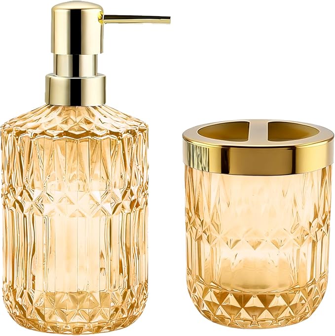 2Pcs Golden Bathroom Accessories Set, Glass Bathroom Accessories, Vintage Bathroom Countertop Decoration Includes Soap Dispenser, Toothbrush Holder