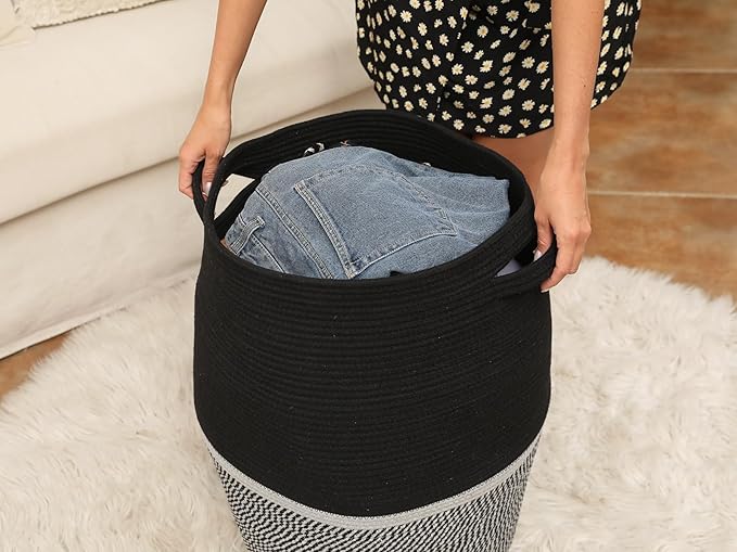 Handcrafted Tall Cotton Rope Basket with Lid, Stylish Flagon Shape with Cover, Clothes Hamper with Top, for Bedroom and Living Room (Two Sides Black/Black Mix, 26"x20")