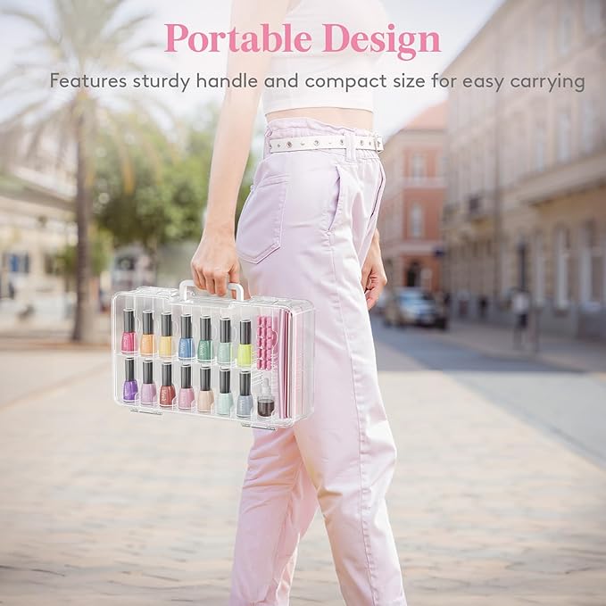 Lifewit Nail Polish Organizer Case for 36 Bottles with 8 Adjustable Sections, Portable Sturdy Gel Nail Polish Storage Holder with 4 Nail Separators, Clear, 33 × 8 × 20 cm/13 x 3 x 8 inch, 2 Pack