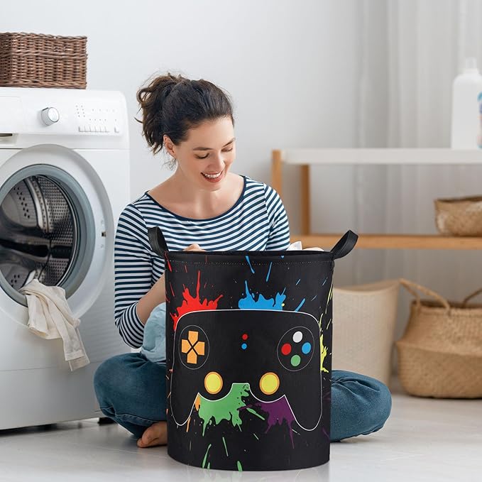 Zhehao 2 Pcs Easter Gamer Laundry Basket Boys Kids Laundry Hamper Gamer Room Decor Gaming Storage Basket Hamper Clothes Organizer Nursery Toy Storage Bin for Gifts Bedroom Bathroom Decoration(Stylish)