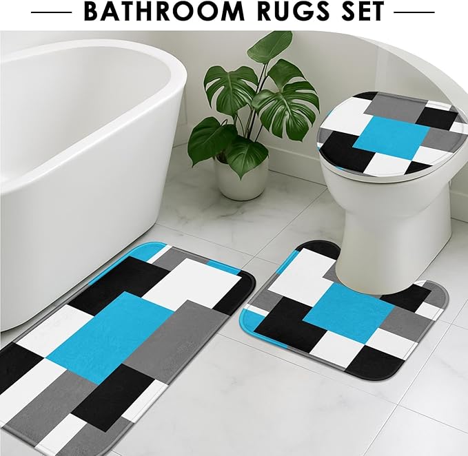 Blue Geometric Shower Curtain Set with Toilet Lid Cover and Non-Slip Rugs for Bathroom, Black White Grey Checkered 4 Pcs Shower Curtain, Modern Abstract Bathroom Set with 12 Hooks