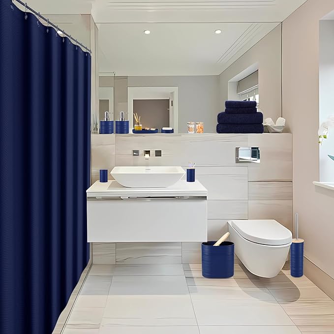 XLHOMO Navy Blue Bathroom Set, Bathroom Accessories Set with Shower Curtain, Bath Towel Set, Blue Shower Curtain Set with Bathroom Trash Can, Soap Dispenser, Soap Dish for Home Decor
