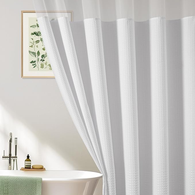 UFRIDAY Shower Stall Curtain 48x72 inch White Waffle Weave,Water-Resistant Polyester Shower Curtain with Mesh Top Window, Small Bathroom Curtain for Rv Camper Trailer