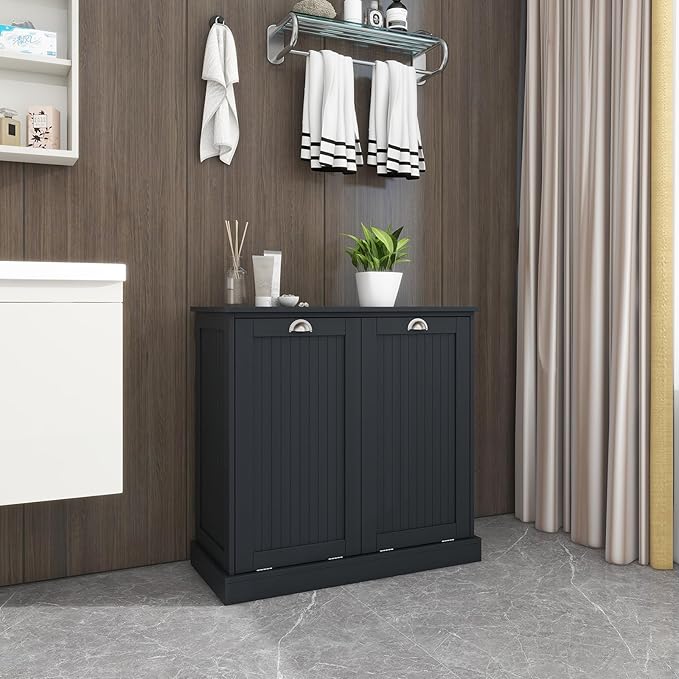 Locsear Tilt Out Laundry Hamper Cabinet with Removable Basket, Double Hidden Laundry Hamper Cabinet, Wood Bathroom Storage Cabinet, Free Standing Home Organizer, (Black)