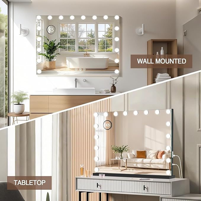 halumao Vanity Mirror with Lights, 31.5" x 23.6" Large Makeup Mirror with LED Lights, Smart Touch Dimmable 3-Color Light, Memory Function, USB Charging Port Black