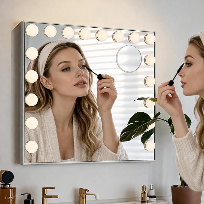 Large Vanity Mirror with Lights, 26"x20.87" Hollywood Mirror with 10X Magnification, 18 Dimmable LED Bulbs & 3 Color Lighting Modes Makeup Vanity Mirror for Desk Wall-Mounted