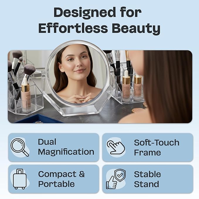 Danielle Creations Round Acrylic Vanity Mirror, Clear 1x/10x Magnifying Makeup Mirror with Soft Touch Stand, Tabletop Desk Bathroom Vanity Mirror, Portable Compact Mirror